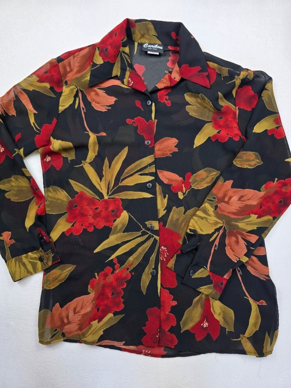 Vintage Caribou New York Size S Black Floral Button-Up Blouse 100% Polyester